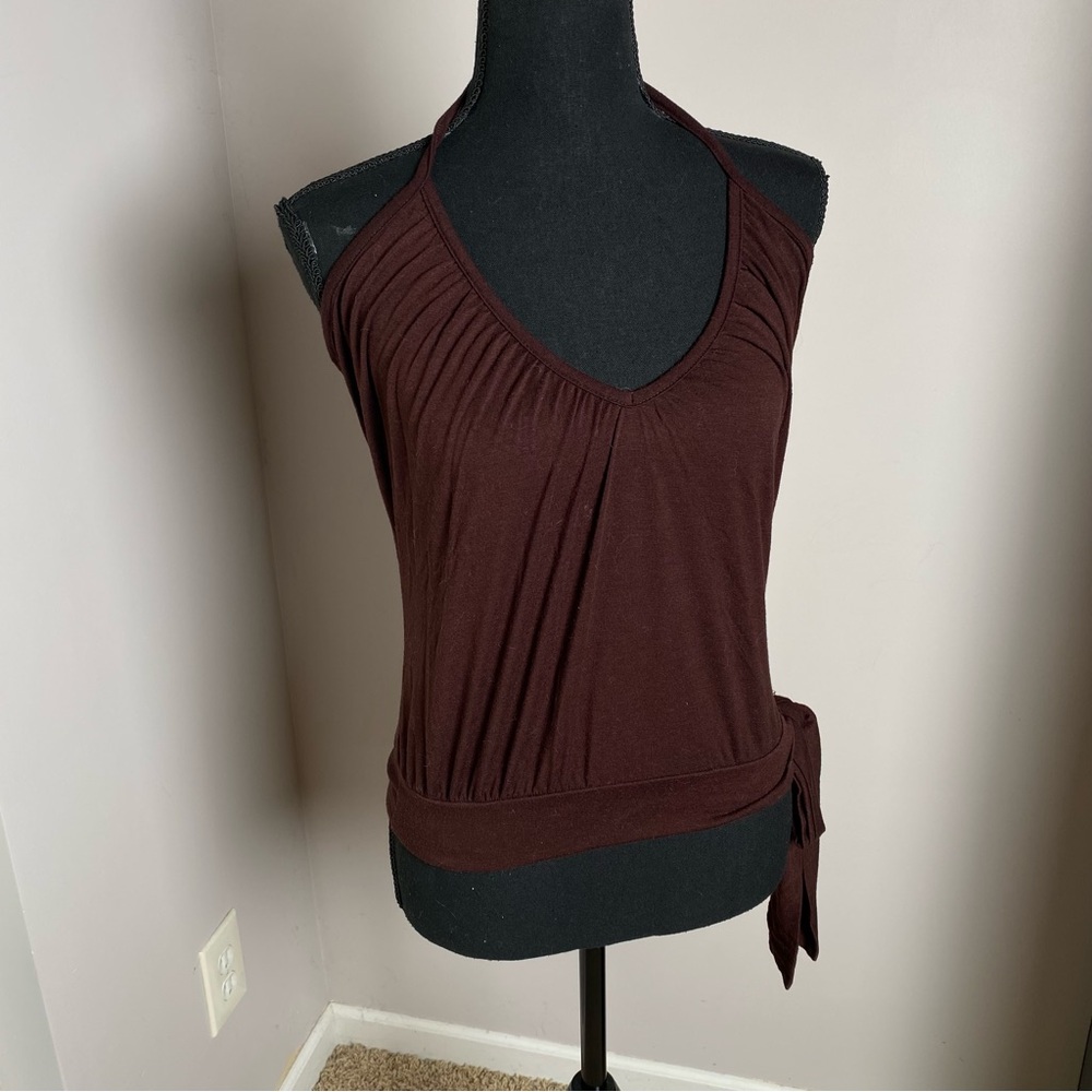 5.7.9. Small Y2K vintage Made in USA brown halter tie top